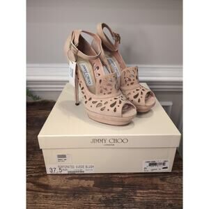 NWT JIMMY CHOO Kalan Perforated Suede Blush Platform Pumps - Sz. 37.5